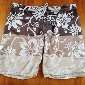 Old Navy Mens XXL Board Shorts Brown Tan Hibiscus Floral Mesh Lined Swim Trunks
